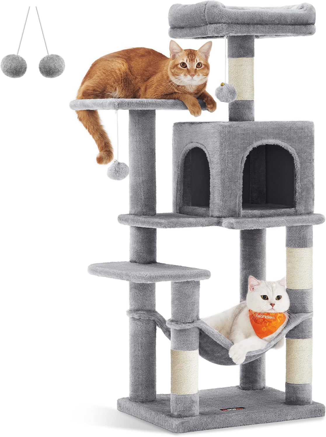 Feandrea Árbol para Gatos, Torre de Gatos, Altura 112 cm, 4 Postes, 2 Plataformas, 1 Cueva, 1 Hamaca, 2 Pompones, Gris Claro MPCT261W01