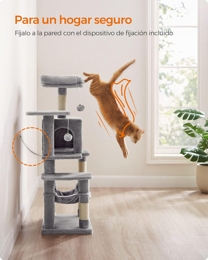 Feandrea Árbol para Gatos, Torre de Gatos, Altura 112 cm, 4 Postes, 2 Plataformas, 1 Cueva, 1 Hamaca, 2 Pompones, Gris Claro MPCT261W01