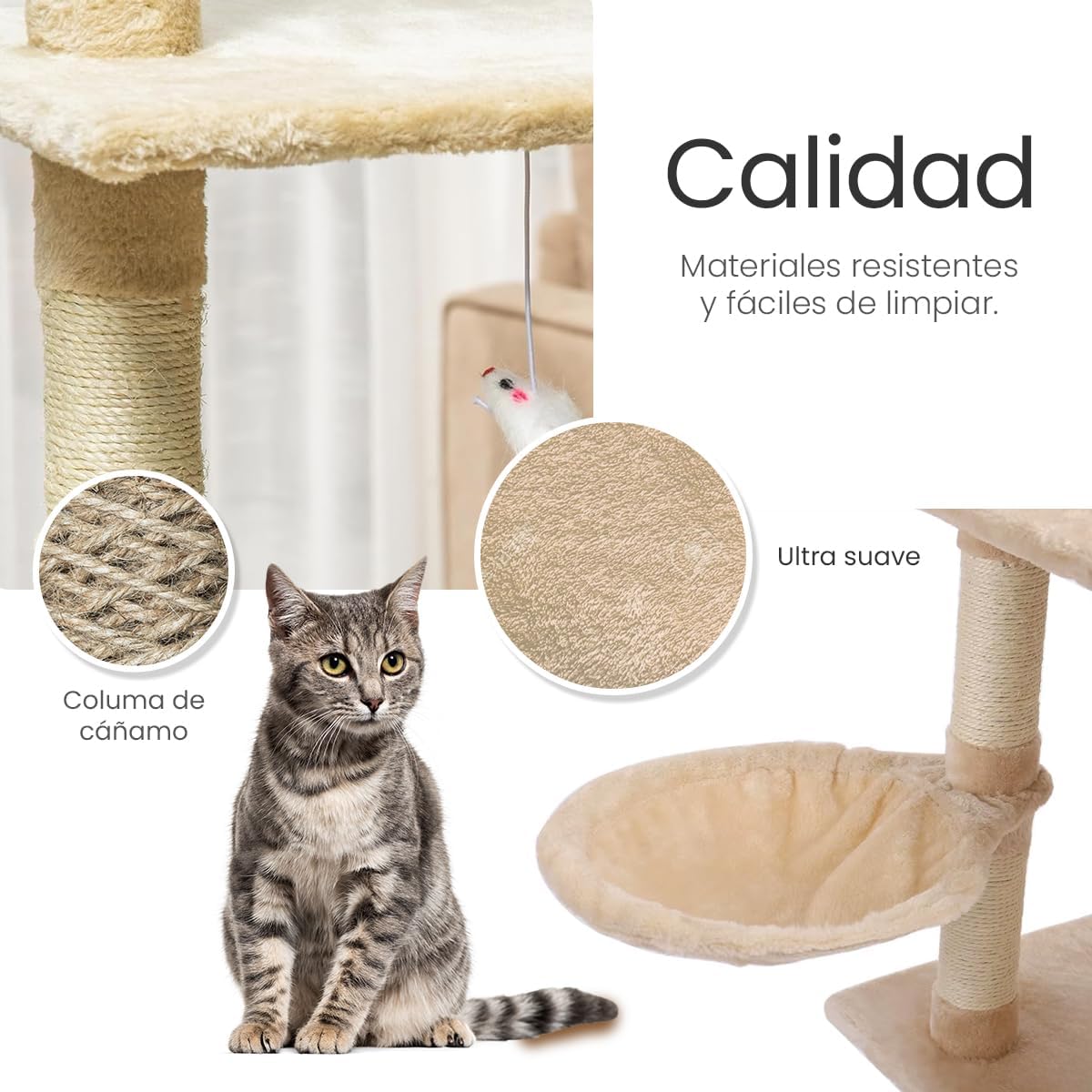 Raganet, Árbol Trepador y Rascador para Gatos, Torre de Actividades de Varios Niveles, Castillo con Escaleras, Hamaca, Cubiertas de Felpa, Seguro y Duradero de 140cm Alto X 50cm Largo (Color Beige)