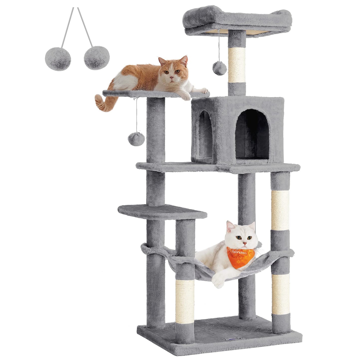 Feandrea Árbol para Gatos, Torre de Gatos, Altura 112 cm, 4 Postes, 2 Plataformas, 1 Cueva, 1 Hamaca, 2 Pompones, Gris Claro MPCT261W01