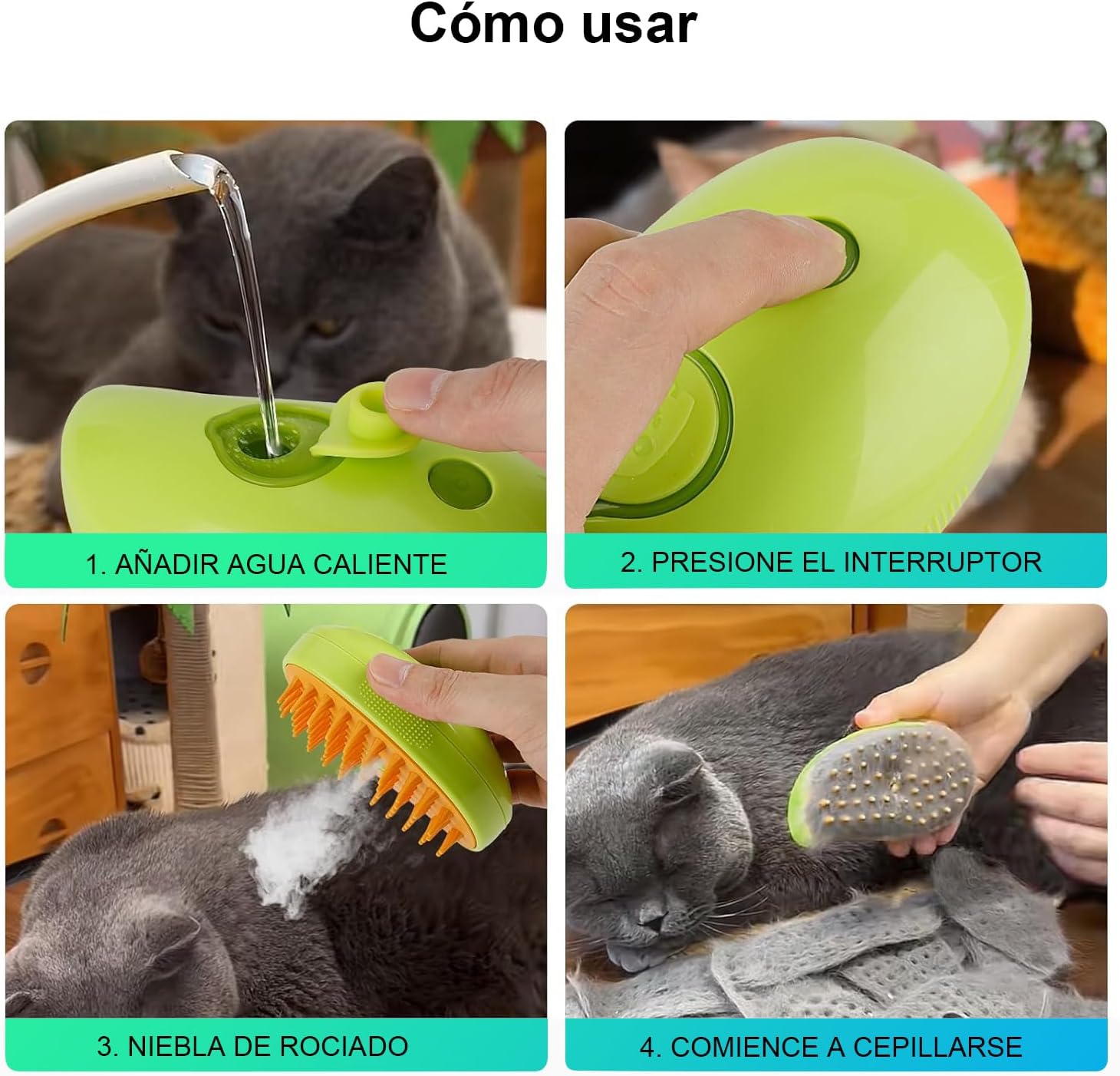 Cepillo Vapor eléctrico para perro, Cepillo de gato de vapor auto limpieza, Cepillo vapor para mascotas para masaje, Cepillos de Aseo para Mascotas, Para depilación, masaje y peinado de mascotas(verde)