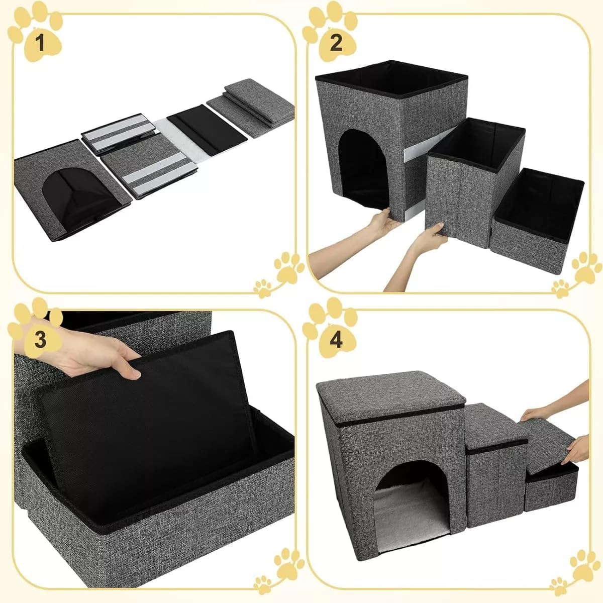 NOVAKA Escaleras para Mascotas de 3 Niveles con Rascador, Antideslizante con Almacenamiento, Robusta y Transpirable, Plegable para Gatos, Perros Mayores y con Movilidad Reducida