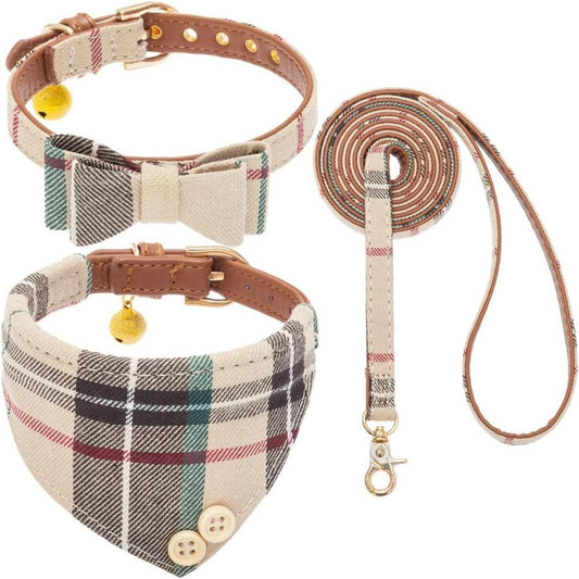 Juego de collar y correa para perros pequeños, collar de correa para cachorros, diseño clásico a cuadros, tamaño ajustable con campana dorada, perfecto para razas pequeñas y niños