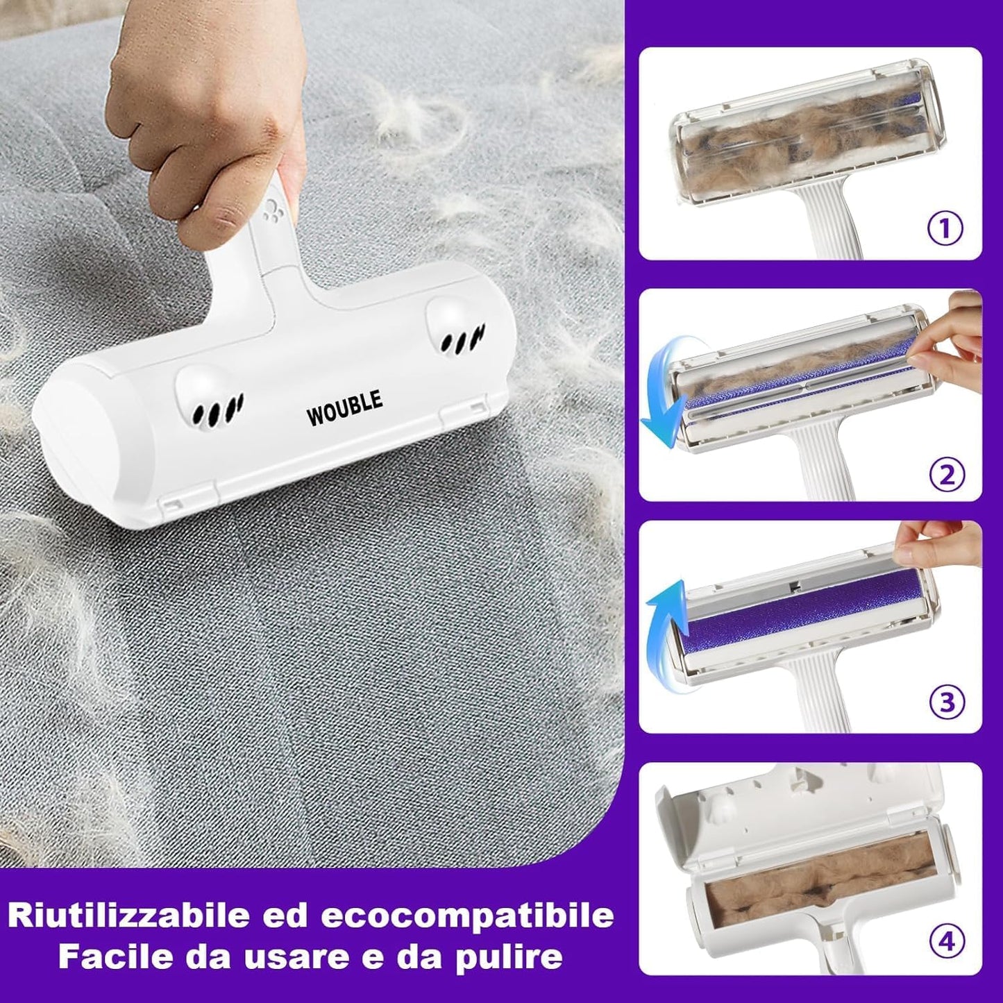 Wouble Quitapelos y Rodillos para Mascotas, Reutilizable Rodillo de Cepillo de Limpieza para Gatos y Perros, Recogedor de Pelo para Mascotas para Sofá, Ropa de Cama, Alfombras - Púrpura