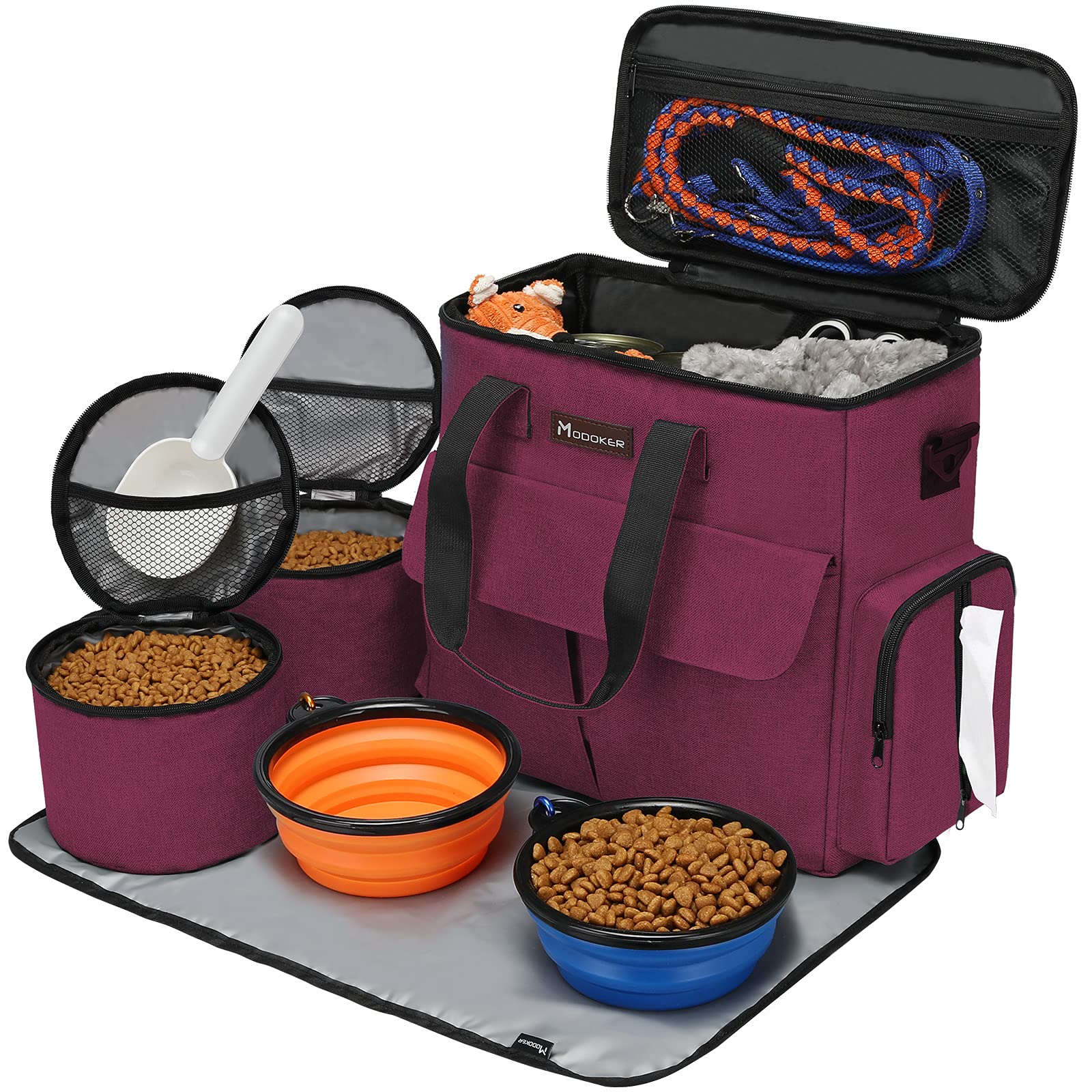 Modoker - Bolsa de viaje para perro, juego de viaje para perros y gatos para fin de semana, bolsa organizadora con bolsillos multifuncionales (gris)