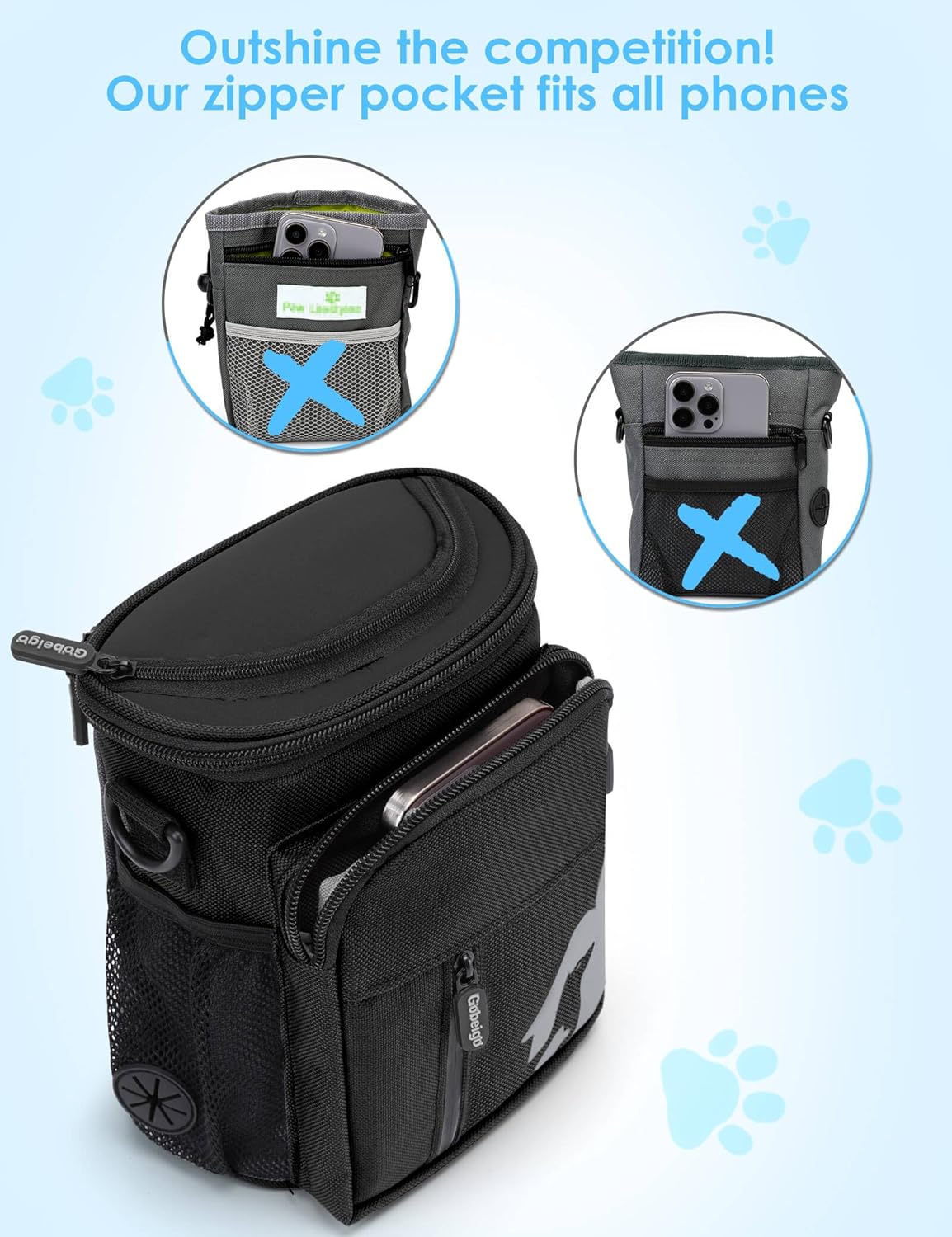 Gobeigo - Bolsa de regalo para perros de 8 tazas y clicker de entrenamiento, bolsa para caminar para perros con soporte para teléfono, dispensador de bolsas de caca integrado, paquete de 3 maneras de