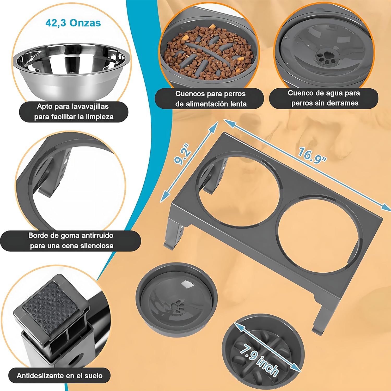 EKEJLI Cuencos elevados para Perros，Comedero Elevado para Perros con comedero Lento，Plegable，5 Alturas Ajustables，Comederos para Perros pequeño, Mediano y Grande, Gatos, Todo Tipo de Mascotas (Gris)