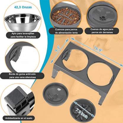 EKEJLI Cuencos elevados para Perros，Comedero Elevado para Perros con comedero Lento，Plegable，5 Alturas Ajustables，Comederos para Perros pequeño, Mediano y Grande, Gatos, Todo Tipo de Mascotas (Gris)