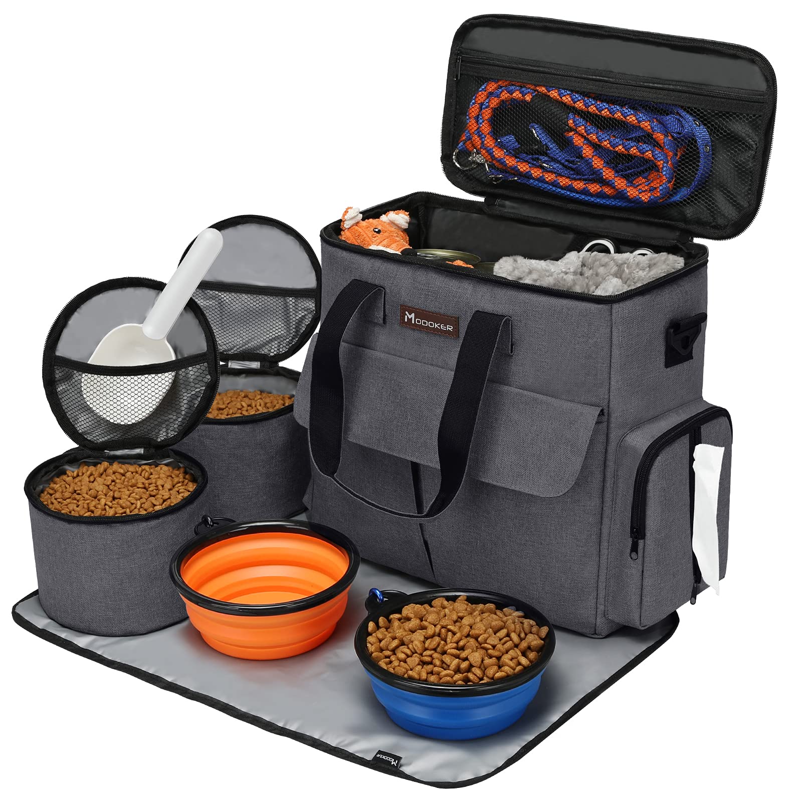 Modoker - Bolsa de viaje para perro, juego de viaje para perros y gatos para fin de semana, bolsa organizadora con bolsillos multifuncionales (gris)