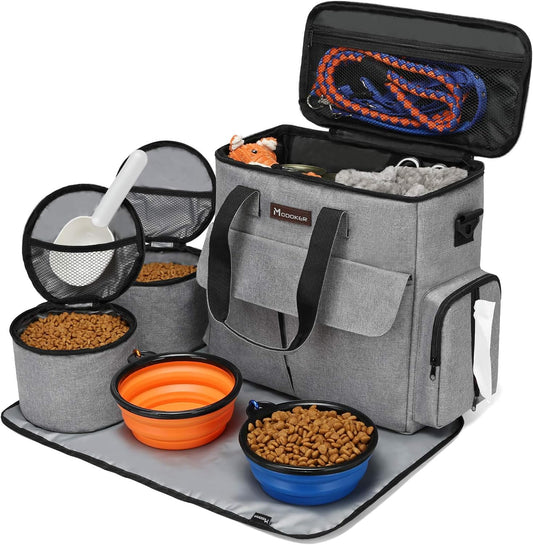 Modoker - Bolsa de viaje para perro, juego de viaje para perros y gatos para fin de semana, bolsa organizadora con bolsillos multifuncionales (gris)
