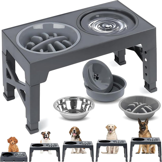 EKEJLI Cuencos elevados para Perros，Comedero Elevado para Perros con comedero Lento，Plegable，5 Alturas Ajustables，Comederos para Perros pequeño, Mediano y Grande, Gatos, Todo Tipo de Mascotas (Gris)