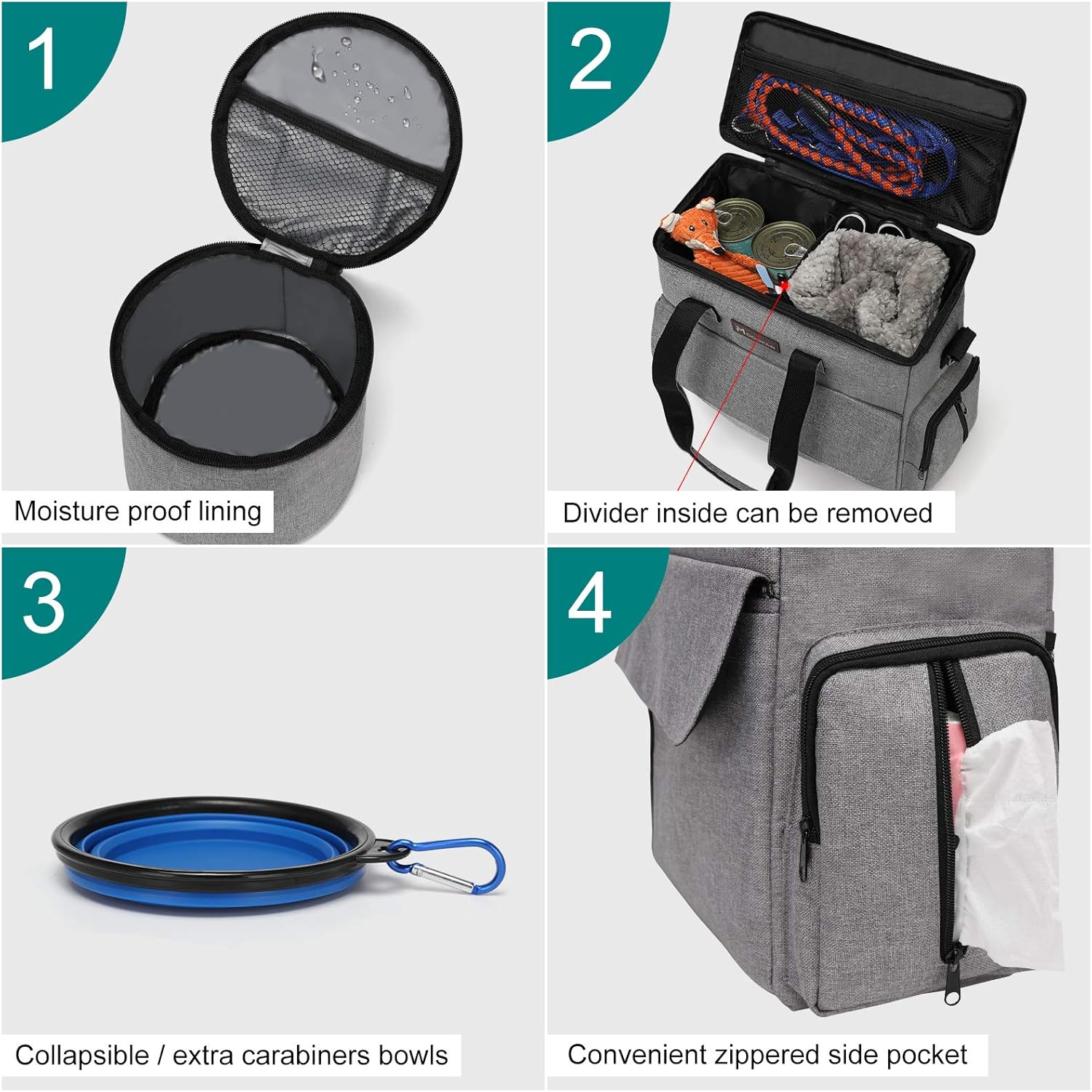 Modoker - Bolsa de viaje para perro, juego de viaje para perros y gatos para fin de semana, bolsa organizadora con bolsillos multifuncionales (gris)