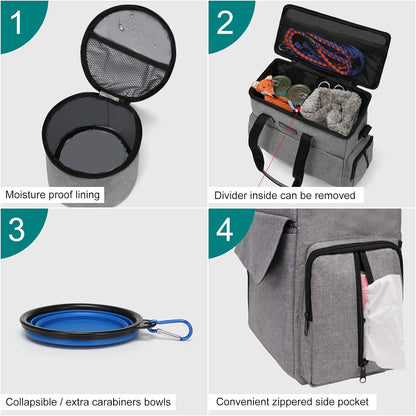 Modoker - Bolsa de viaje para perro, juego de viaje para perros y gatos para fin de semana, bolsa organizadora con bolsillos multifuncionales (gris)