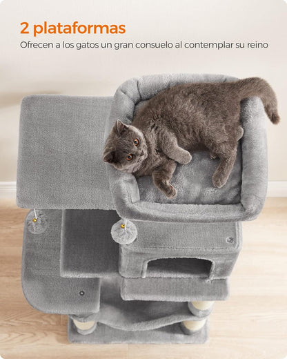 Feandrea Árbol para Gatos, Torre de Gatos, Altura 112 cm, 4 Postes, 2 Plataformas, 1 Cueva, 1 Hamaca, 2 Pompones, Gris Claro MPCT261W01