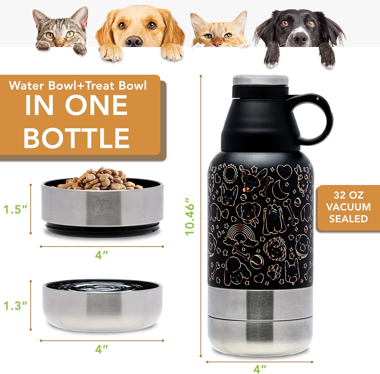 Lo mas bonito para tu cachorro.Pet2Go Botella de agua para mascotas para viaje 32 Oz + bolsa protectora, Tazones portatiles enroscables, Kit dispensador de Hidratacion para paseos con mascotas(dorado)