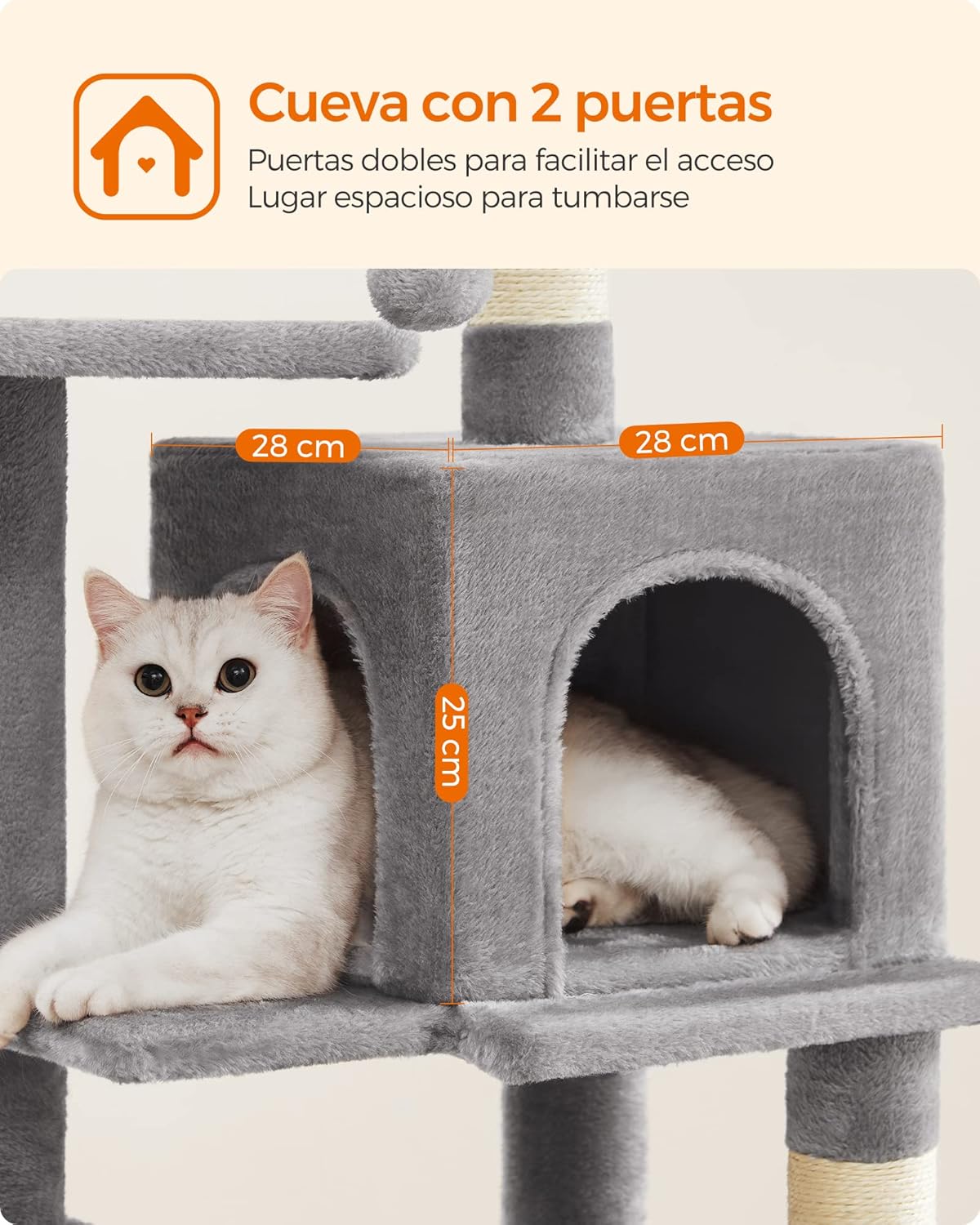 Feandrea Árbol para Gatos, Torre de Gatos, Altura 112 cm, 4 Postes, 2 Plataformas, 1 Cueva, 1 Hamaca, 2 Pompones, Gris Claro MPCT261W01