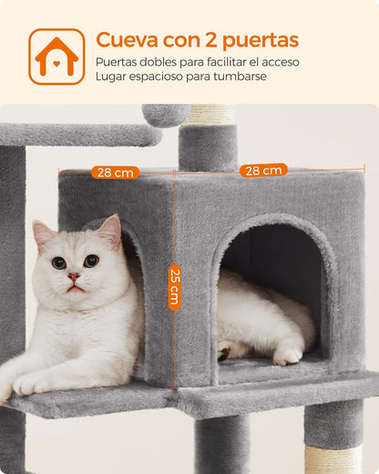 Feandrea Árbol para Gatos, Torre de Gatos, Altura 112 cm, 4 Postes, 2 Plataformas, 1 Cueva, 1 Hamaca, 2 Pompones, Gris Claro MPCT261W01