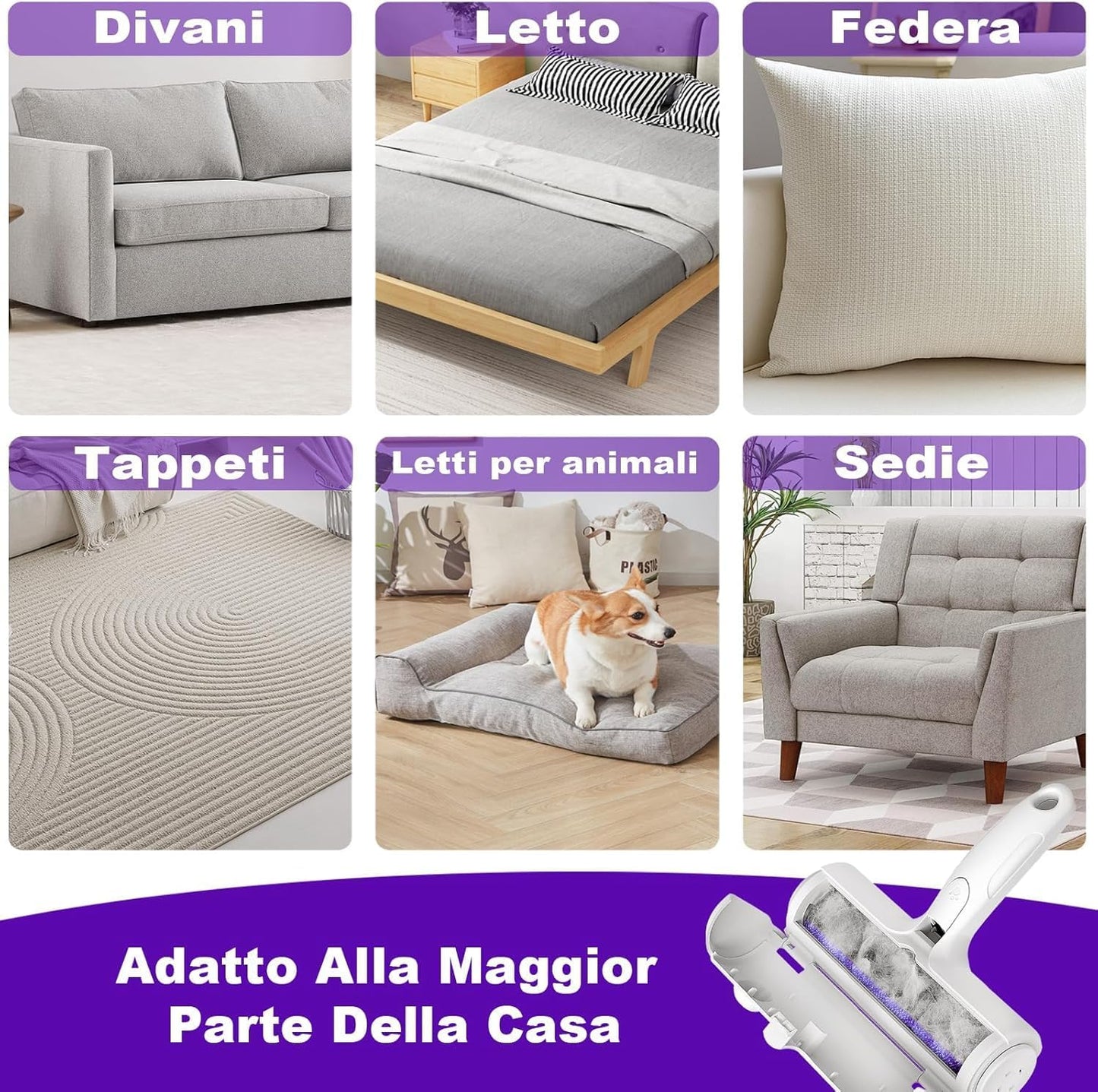 Wouble Quitapelos y Rodillos para Mascotas, Reutilizable Rodillo de Cepillo de Limpieza para Gatos y Perros, Recogedor de Pelo para Mascotas para Sofá, Ropa de Cama, Alfombras - Púrpura