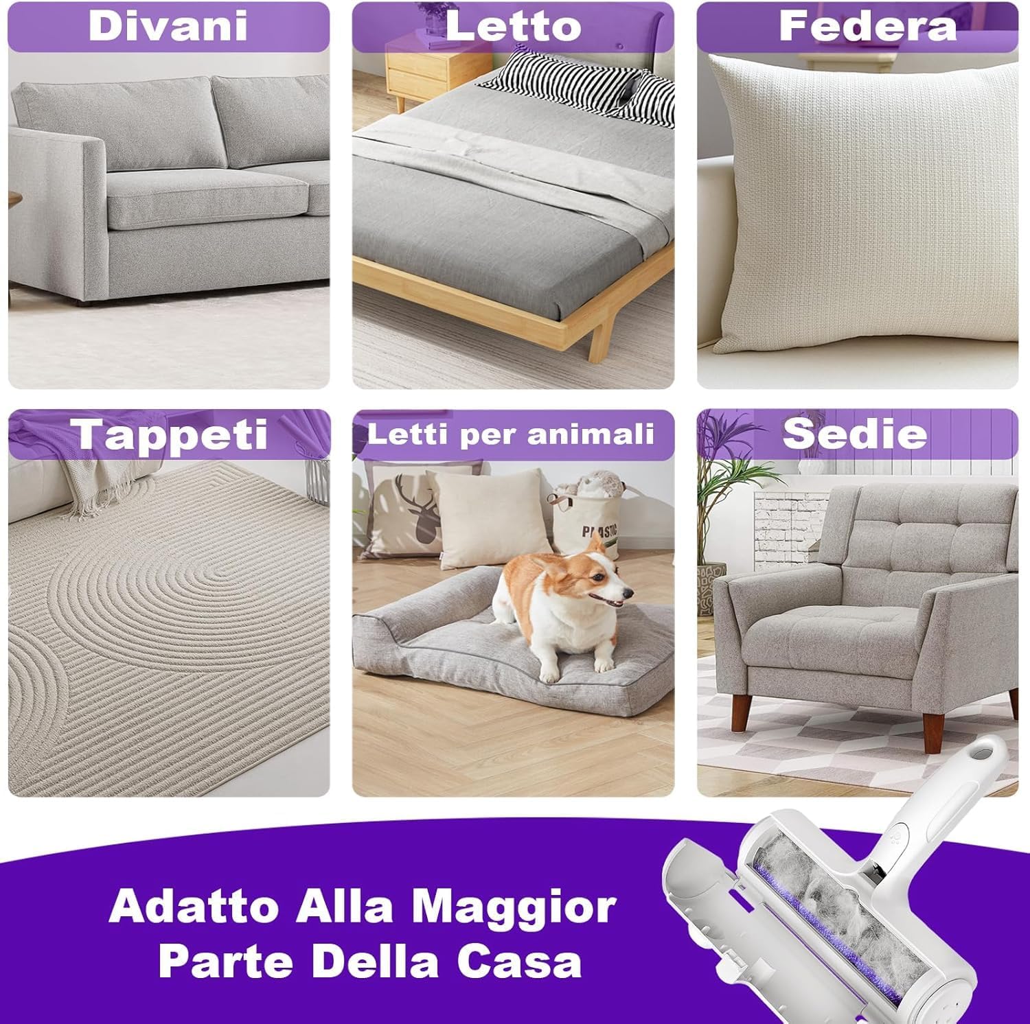 Wouble Quitapelos y Rodillos para Mascotas, Reutilizable Rodillo de Cepillo de Limpieza para Gatos y Perros, Recogedor de Pelo para Mascotas para Sofá, Ropa de Cama, Alfombras - Púrpura