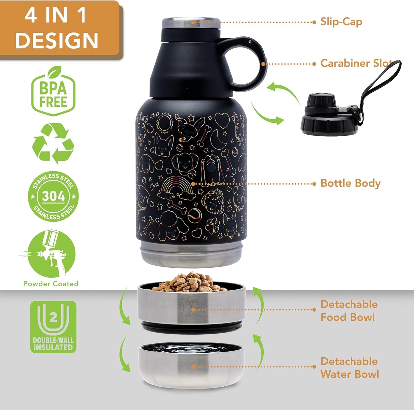 Lo mas bonito para tu cachorro.Pet2Go Botella de agua para mascotas para viaje 32 Oz + bolsa protectora, Tazones portatiles enroscables, Kit dispensador de Hidratacion para paseos con mascotas(dorado)