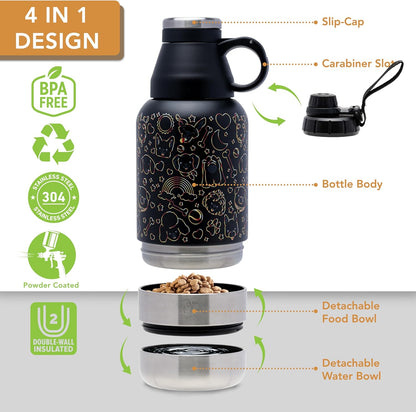 Lo mas bonito para tu cachorro.Pet2Go Botella de agua para mascotas para viaje 32 Oz + bolsa protectora, Tazones portatiles enroscables, Kit dispensador de Hidratacion para paseos con mascotas(dorado)