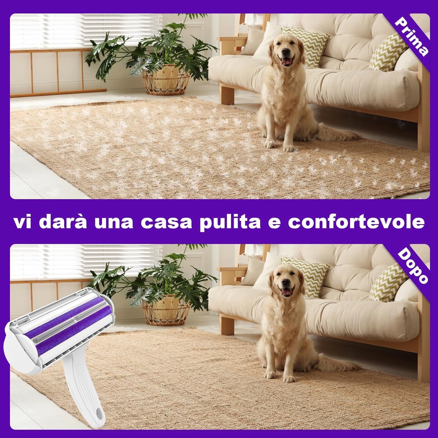 Wouble Quitapelos y Rodillos para Mascotas, Reutilizable Rodillo de Cepillo de Limpieza para Gatos y Perros, Recogedor de Pelo para Mascotas para Sofá, Ropa de Cama, Alfombras - Púrpura