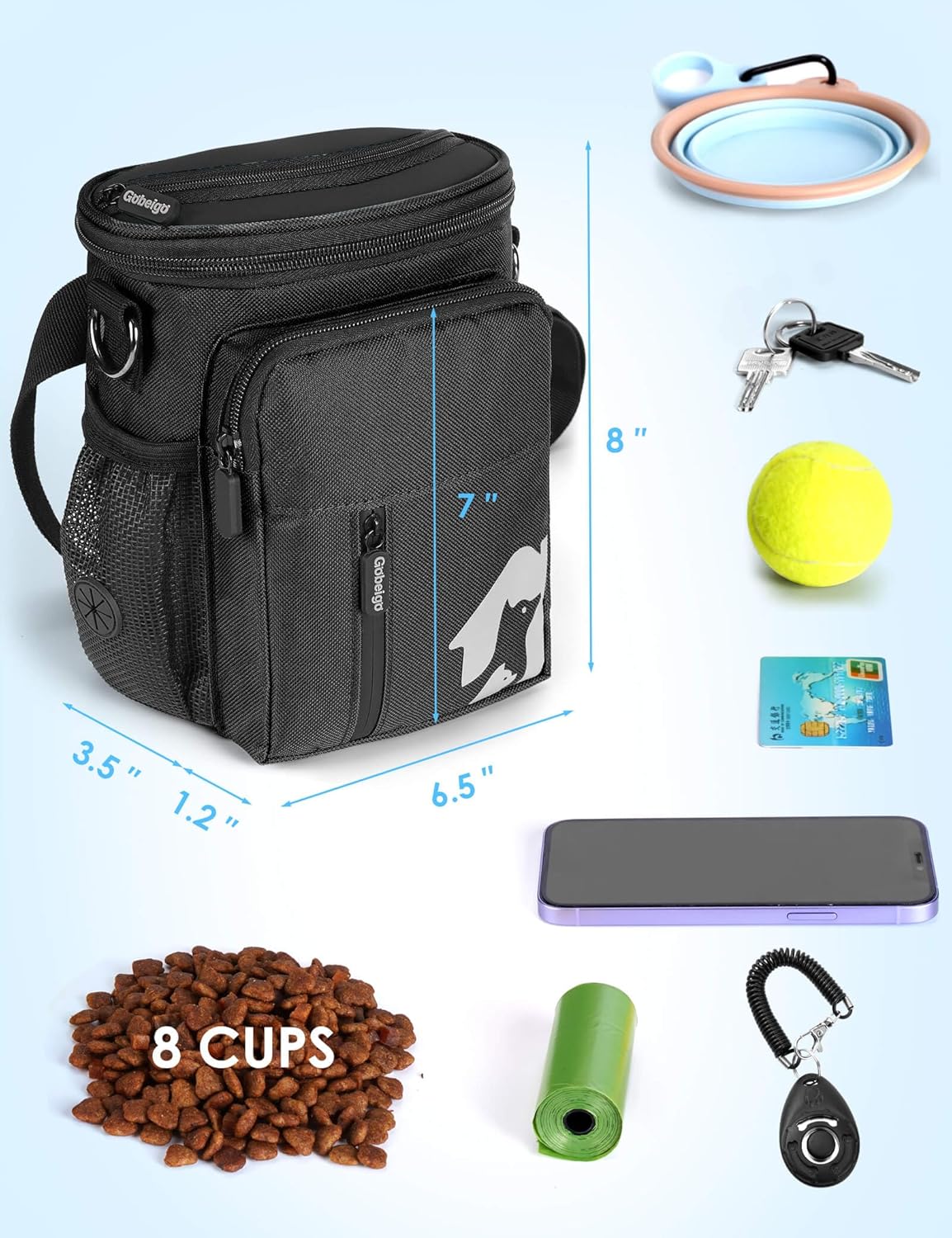 Gobeigo - Bolsa de regalo para perros de 8 tazas y clicker de entrenamiento, bolsa para caminar para perros con soporte para teléfono, dispensador de bolsas de caca integrado, paquete de 3 maneras de