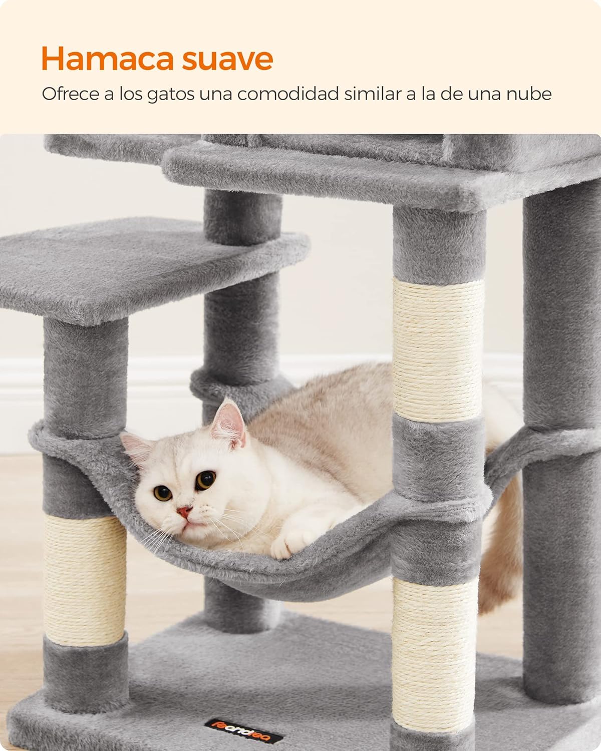 Feandrea Árbol para Gatos, Torre de Gatos, Altura 112 cm, 4 Postes, 2 Plataformas, 1 Cueva, 1 Hamaca, 2 Pompones, Gris Claro MPCT261W01