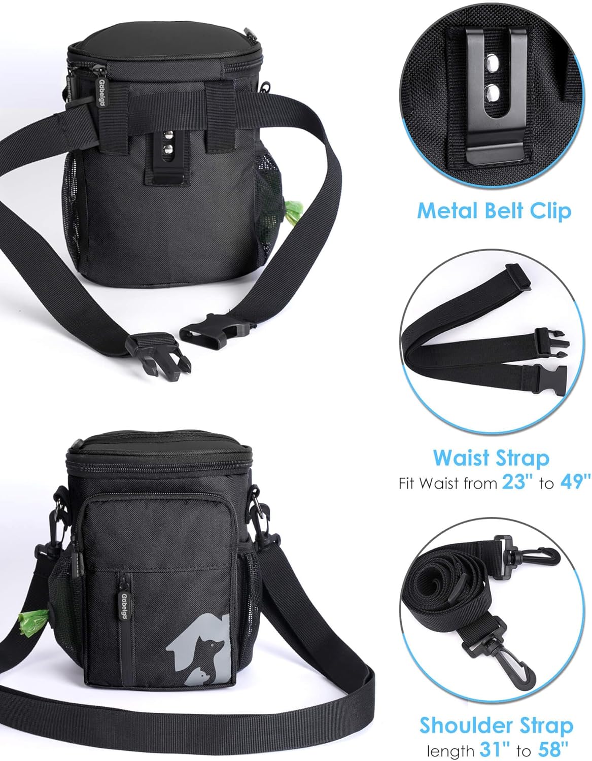 Gobeigo - Bolsa de regalo para perros de 8 tazas y clicker de entrenamiento, bolsa para caminar para perros con soporte para teléfono, dispensador de bolsas de caca integrado, paquete de 3 maneras de