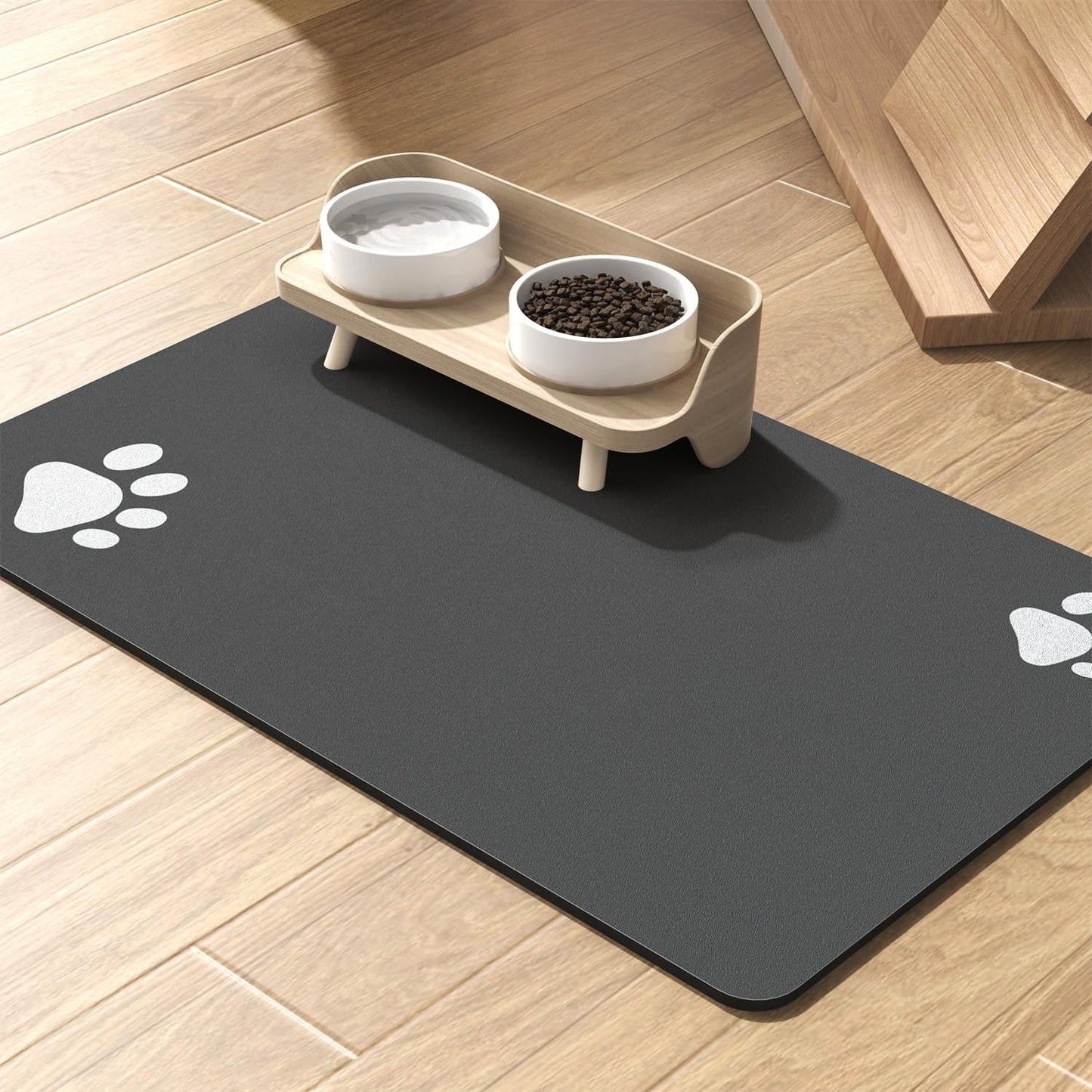 LYSSIID Alfombrilla Absorbente para Comederos Y Bebederos De Mascotas con Base De Goma Impermeable, Alfombrilla De Secado Rápido para Bebederos De Perros Y Gatos (Gris Oscuro a Rayas, 12"X19")