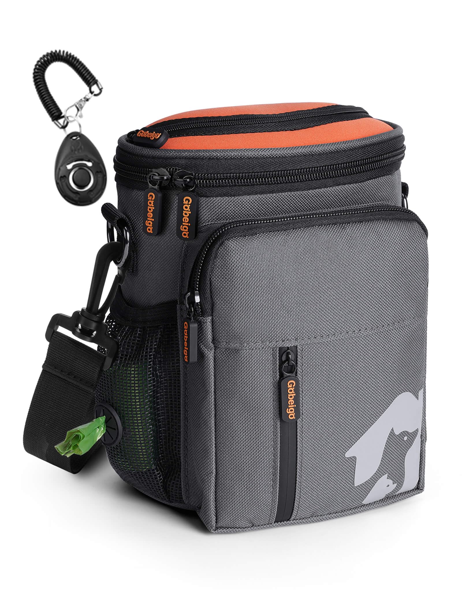 Gobeigo - Bolsa de regalo para perros de 8 tazas y clicker de entrenamiento, bolsa para caminar para perros con soporte para teléfono, dispensador de bolsas de caca integrado, paquete de 3 maneras de