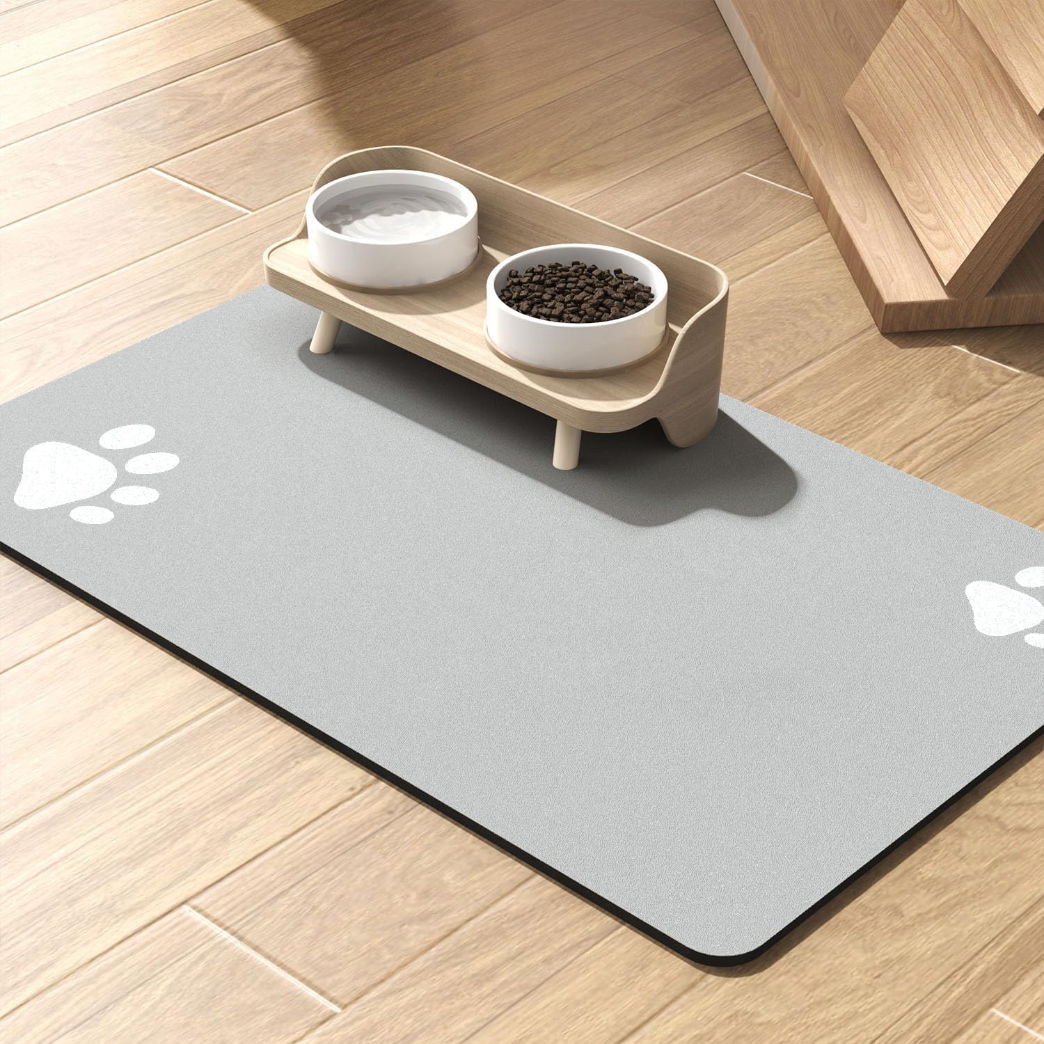 LYSSIID Alfombrilla Absorbente para Comederos Y Bebederos De Mascotas con Base De Goma Impermeable, Alfombrilla De Secado Rápido para Bebederos De Perros Y Gatos (Gris Oscuro a Rayas, 12"X19")