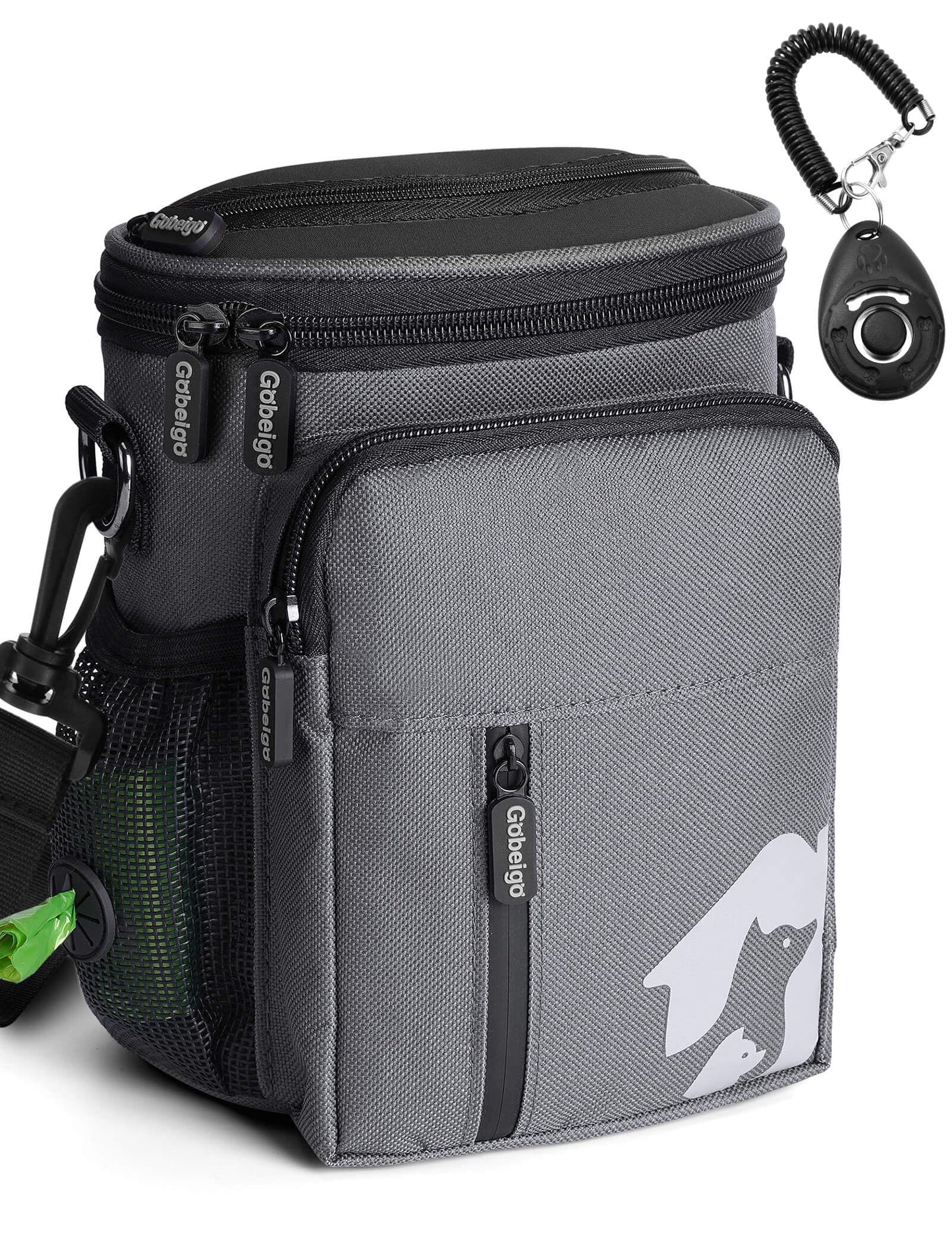 Gobeigo - Bolsa de regalo para perros de 8 tazas y clicker de entrenamiento, bolsa para caminar para perros con soporte para teléfono, dispensador de bolsas de caca integrado, paquete de 3 maneras de