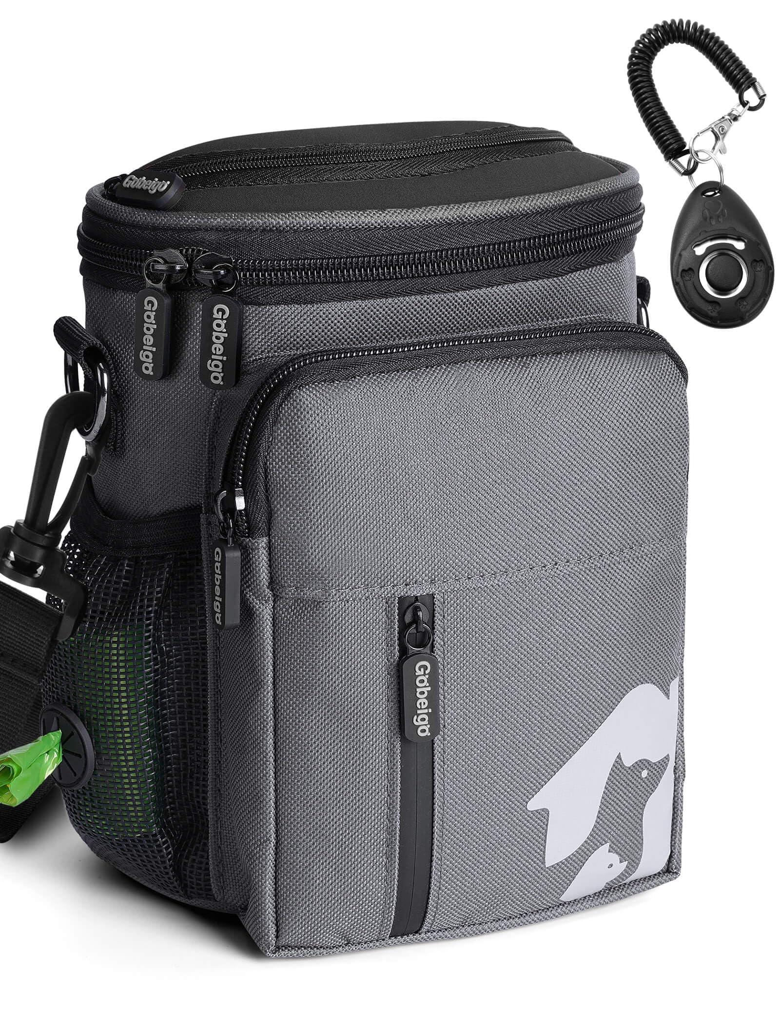 Gobeigo - Bolsa de regalo para perros de 8 tazas y clicker de entrenamiento, bolsa para caminar para perros con soporte para teléfono, dispensador de bolsas de caca integrado, paquete de 3 maneras de