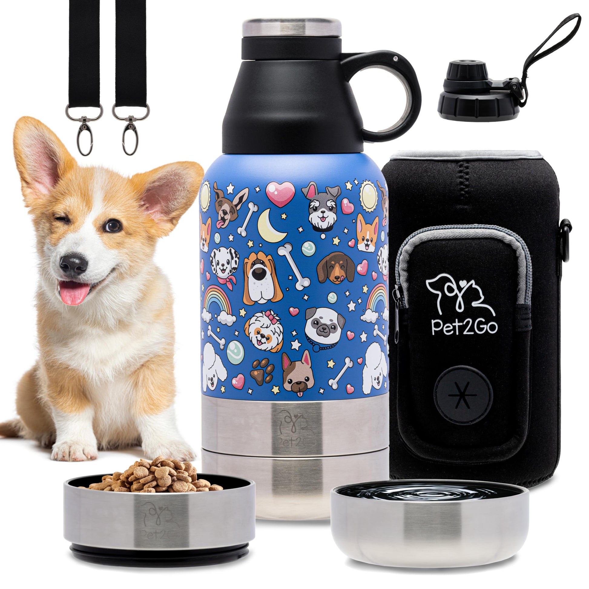Lo mas bonito para tu cachorro.Pet2Go Botella de agua para mascotas para viaje 32 Oz + bolsa protectora, Tazones portatiles enroscables, Kit dispensador de Hidratacion para paseos con mascotas(dorado)
