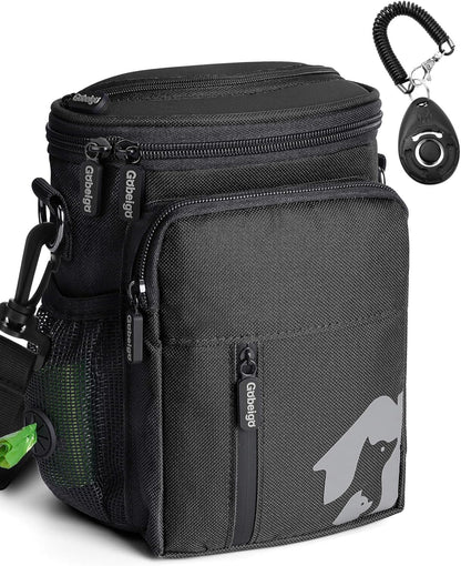 Gobeigo - Bolsa de regalo para perros de 8 tazas y clicker de entrenamiento, bolsa para caminar para perros con soporte para teléfono, dispensador de bolsas de caca integrado, paquete de 3 maneras de