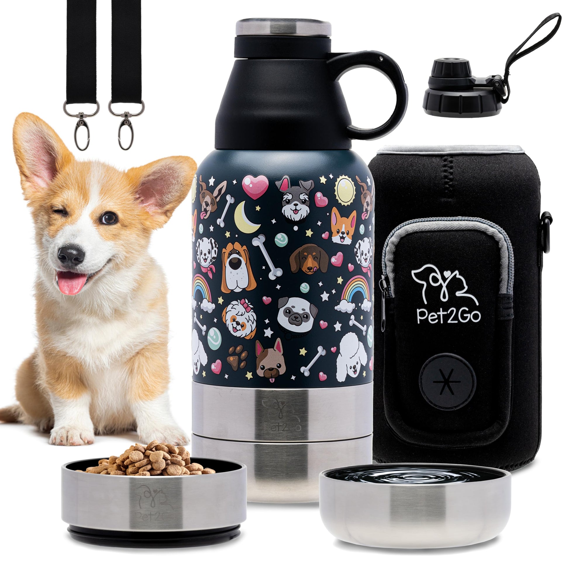 Lo mas bonito para tu cachorro.Pet2Go Botella de agua para mascotas para viaje 32 Oz + bolsa protectora, Tazones portatiles enroscables, Kit dispensador de Hidratacion para paseos con mascotas(dorado)
