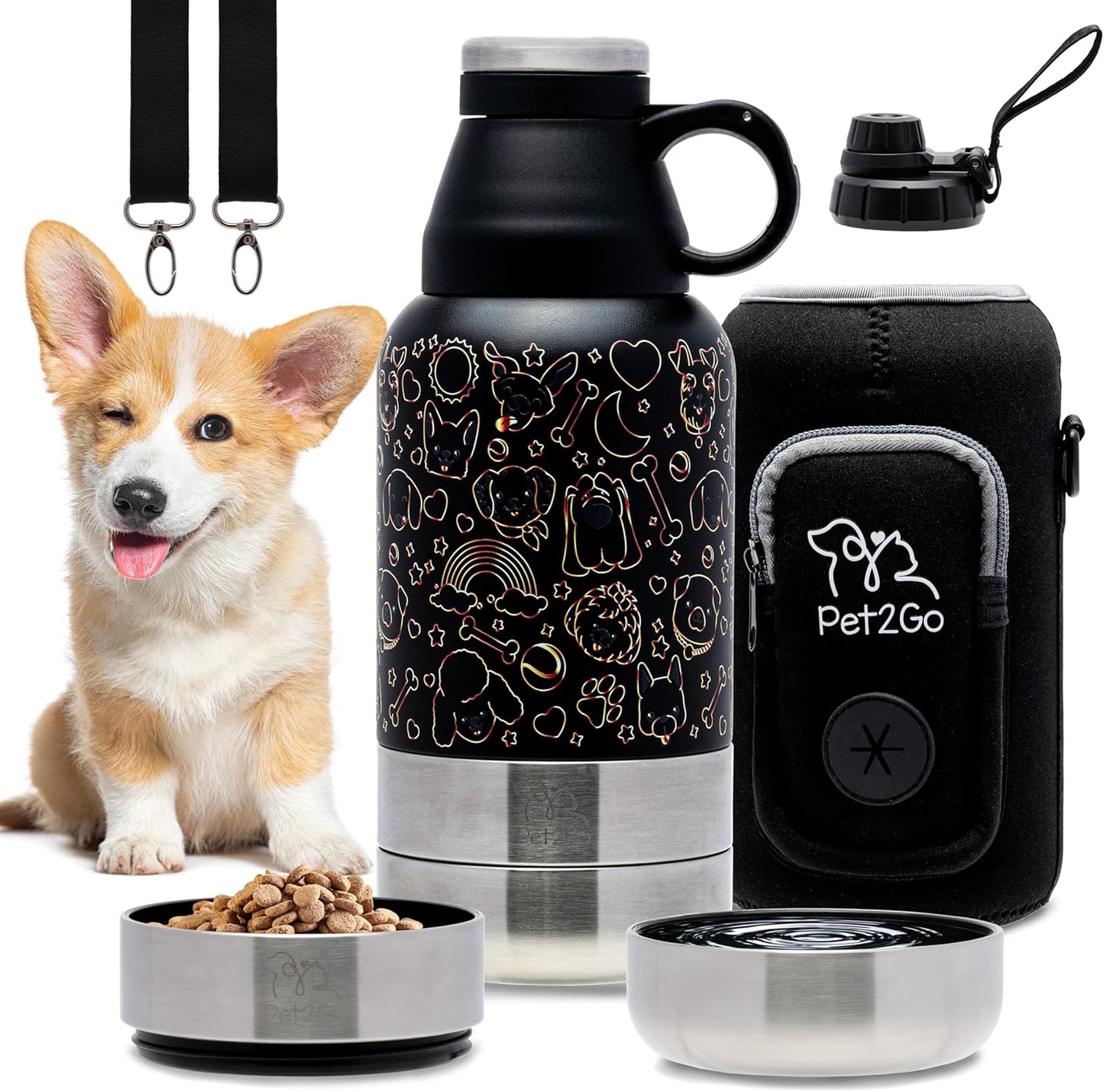 Lo mas bonito para tu cachorro.Pet2Go Botella de agua para mascotas para viaje 32 Oz + bolsa protectora, Tazones portatiles enroscables, Kit dispensador de Hidratacion para paseos con mascotas(dorado)