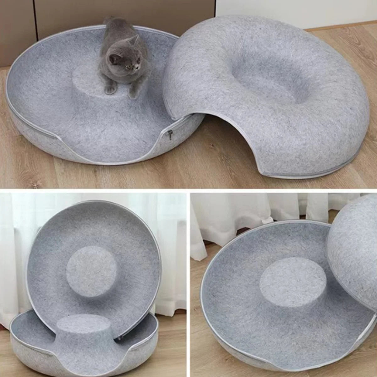🍩 Cama Dona de Fieltro con Túnel para Gatos