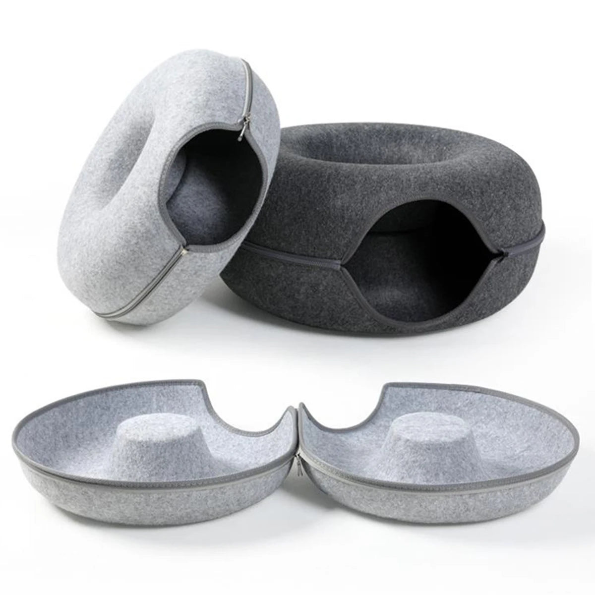 🍩 Cama Dona de Fieltro con Túnel para Gatos