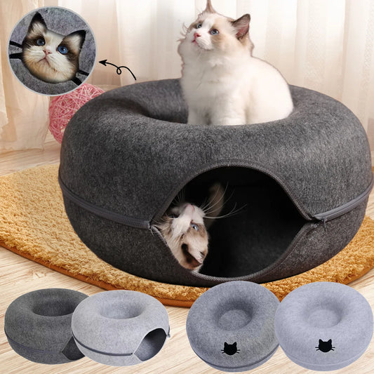 🍩 Cama Dona de Fieltro con Túnel para Gatos