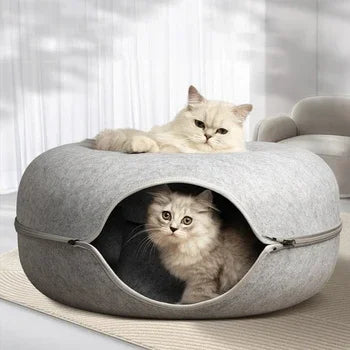 🍩 Cama Dona de Fieltro con Túnel para Gatos